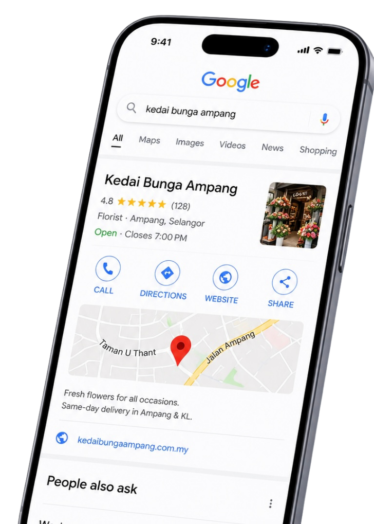 A local florist, Kedai Bunga Ampang, showing up on Google search with website link, directions and reviews